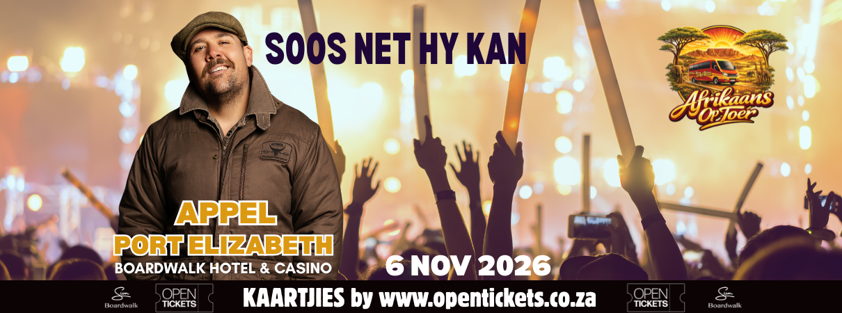 Appel live in Port Elizabeth, 6 November 2026, at Boardwalk Hotel and Casino