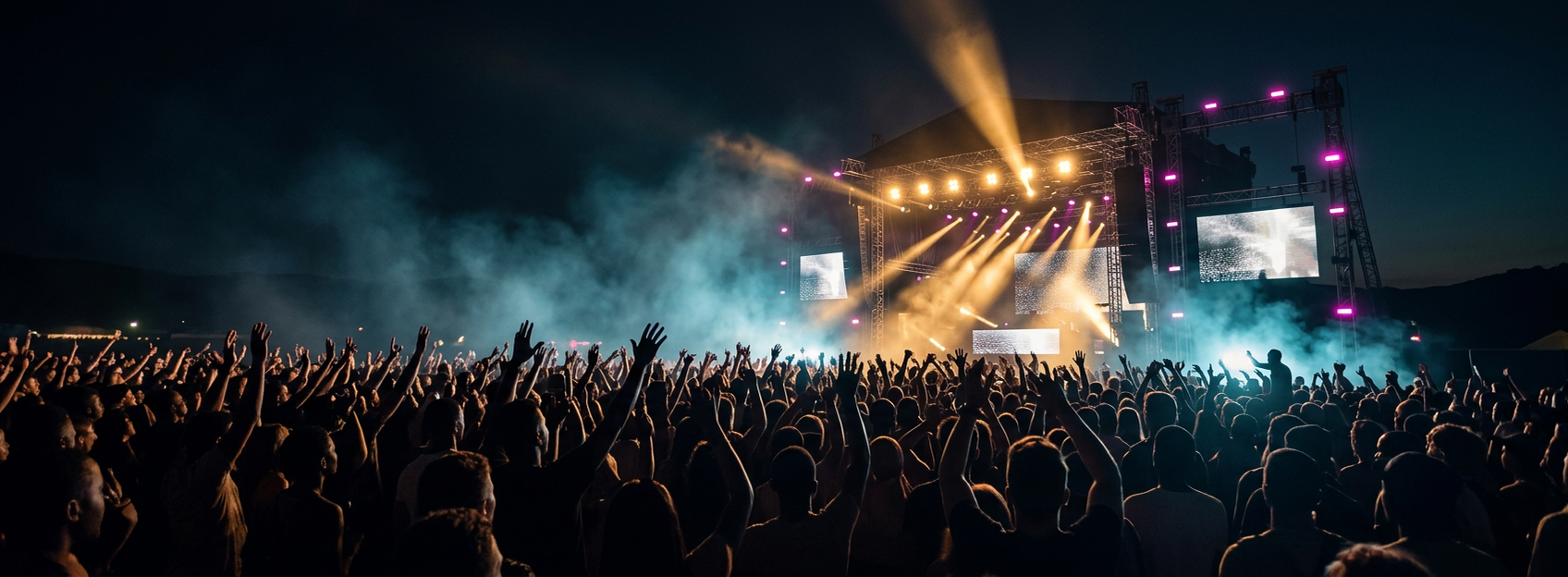 AI-generated panoramic concert crowd under warm stage lights; atmospheric hero artwork, not an official event poster
