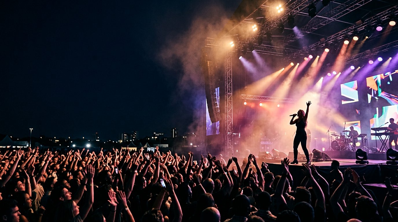 Singer performing on a concert stage with an audience