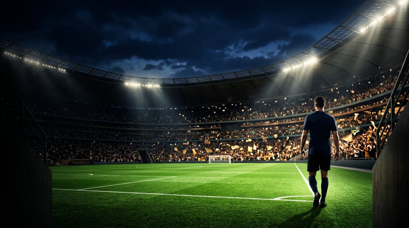 Night football stadium with a player entering the pitch